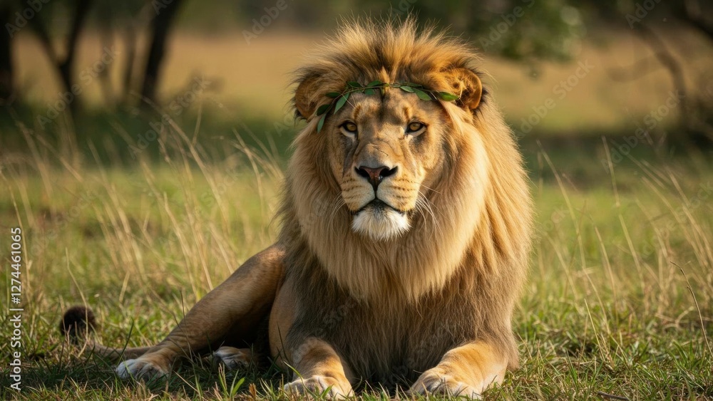 A majestic lion resting in a natural habitat with greenery. A majestic lion resting in a natural habitat with greenery.