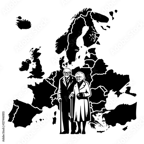 Black and white image of map of europe with old couple