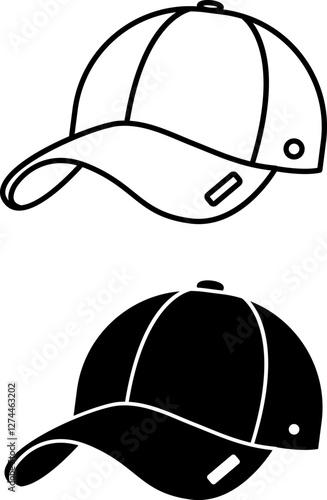 Cap Icons. Black and White Vector Illustration. Flat Visor Hat. Fashion and Clothing Concept