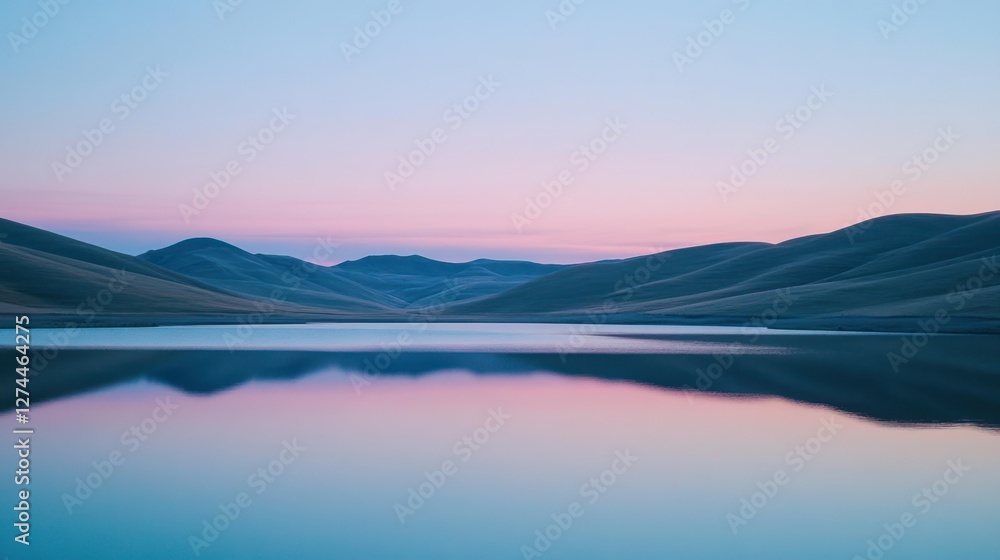 Fototapeta premium Serene Sunset Over Calm Mountain Lake Reflection