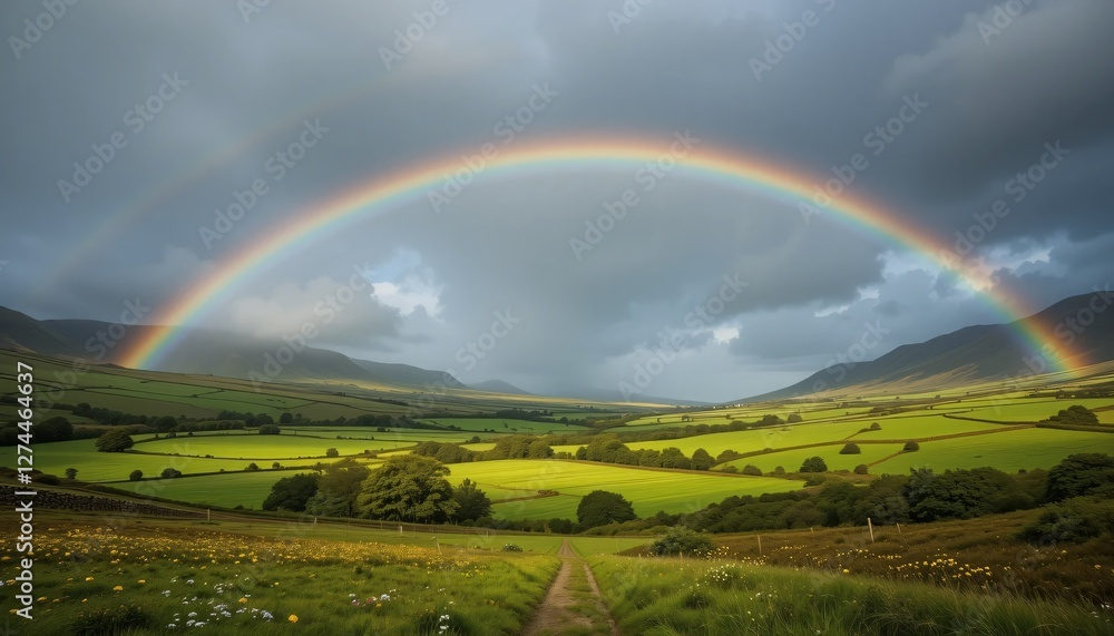 rainbow over the hills, Vibrant Rainbow Over a Green Meadow After Rain rainbow over the hills, Vibrant Rainbow Over a Green Meadow After Rain