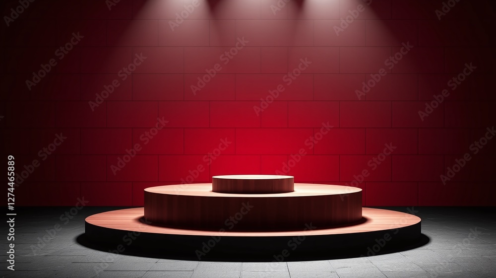 Fototapeta premium Circular wooden podium illuminated by red light.