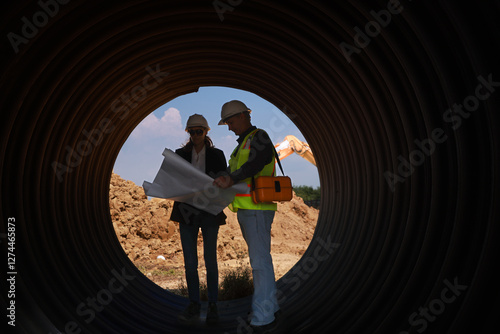 A team of senior specialist  construction materials inspected the properties and specifications of a large drainage pipe on the construction site to be ensured before running work