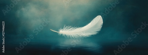 Ethereal White Feather Floating on Calm Water with Mystical Blue Background and Soft Light