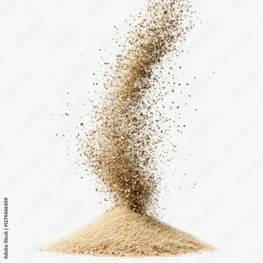 Swirling sand tornado against white background creating dynamic motion Swirling sand tornado against white background creating dynamic motion