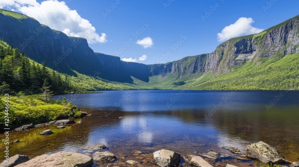 Fototapeta premium Serene Mountain Lake Nestled Among Majestic Cliffs