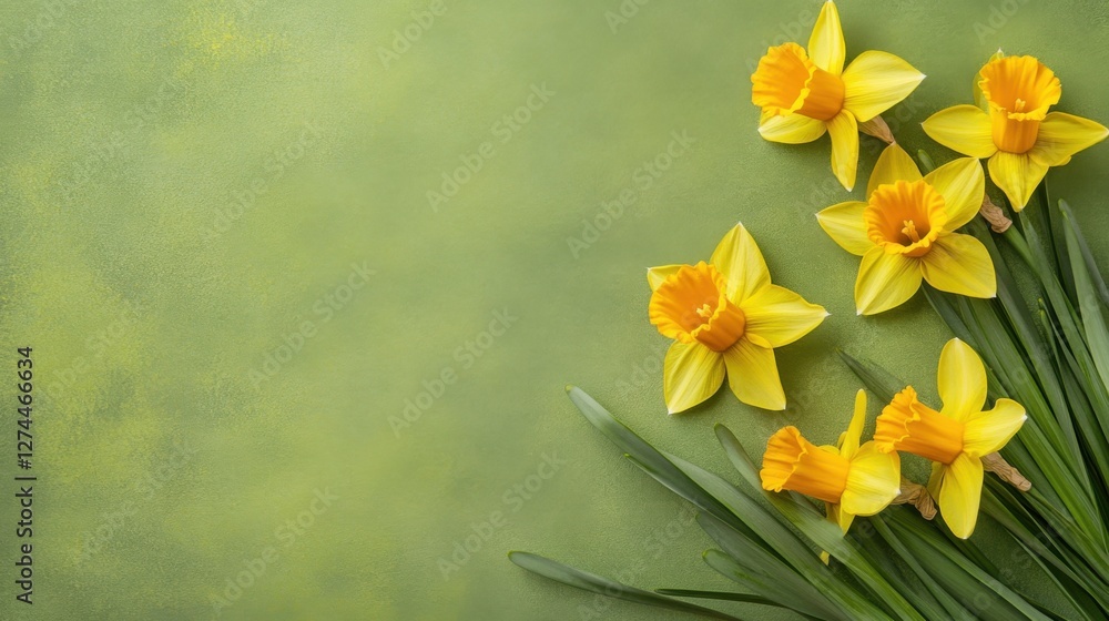 Fototapeta premium A fresh and natural floral background featuring blooming daffodils on a soft green backdrop