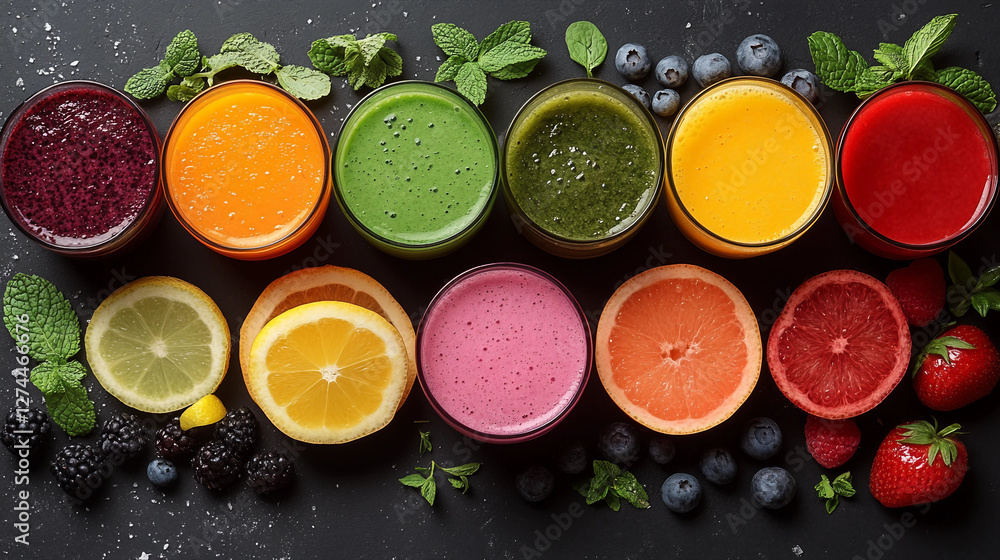 A vibrant collage of refreshing smoothies and juices, featuring a rainbow of colors and garnishes that invite a feeling of summer delight. A vibrant collage of refreshing smoothies and juices, featuring a rainbow of colors and garnishes that invite a feeling of summer delight.