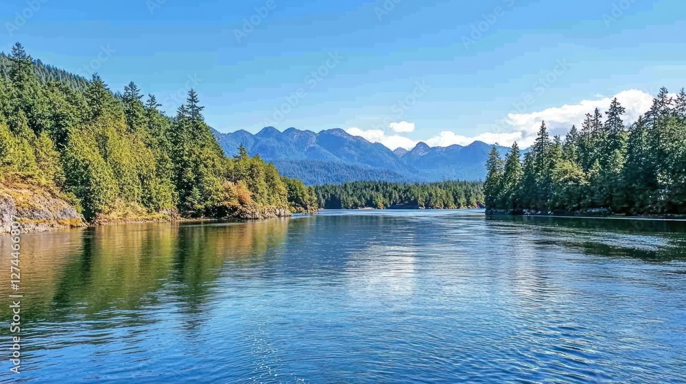 Fototapeta premium Serene Mountain Lake With Lush Evergreen Forests