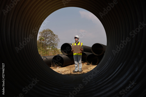 Wallpaper Mural A senior Industry Engineers or technician inspection pipe circular. Checking Construction of the water, Oil Natural Gas, and fuels Transport Pipeline work under a huge tube at the construction site. Torontodigital.ca