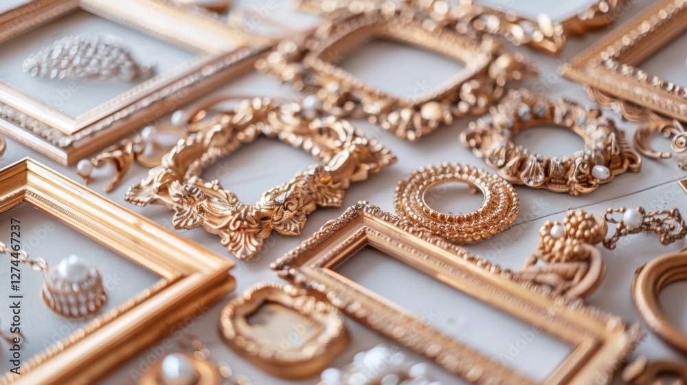 Elegant collection of ornate gold frames, each with unique details, displayed on a clean white background Elegant collection of ornate gold frames, each with unique details, displayed on a clean white background