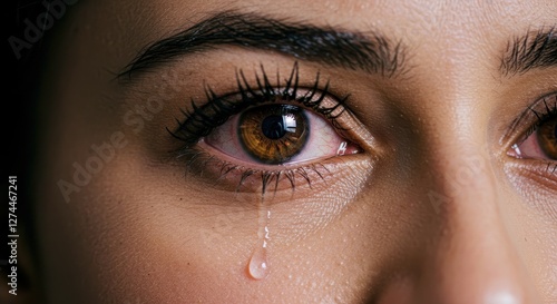 An intense and highly detailed close-up portrait of a woman with deep brown eyes filled with tears