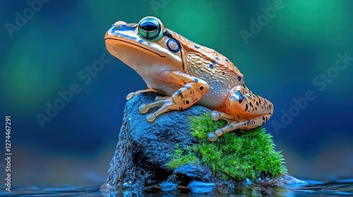 A mountain stream frog camouflaged against mossy rocks, delicate textures and natural lighting, expert level macro shot, perfect depth of field photo