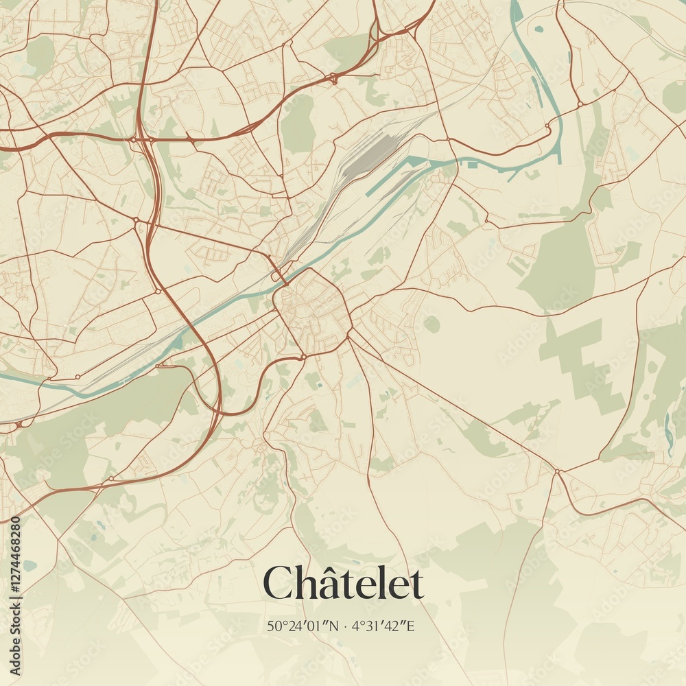 Vintage map of Ch�telet, Belgium.