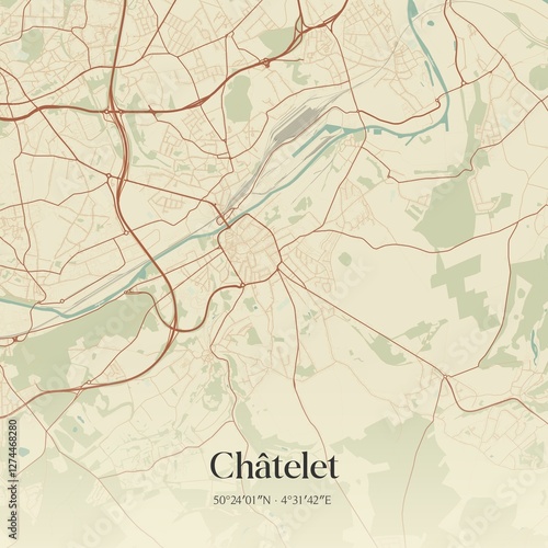 Obraz na płótnie Vintage map of Ch�telet, Belgium. w salonie