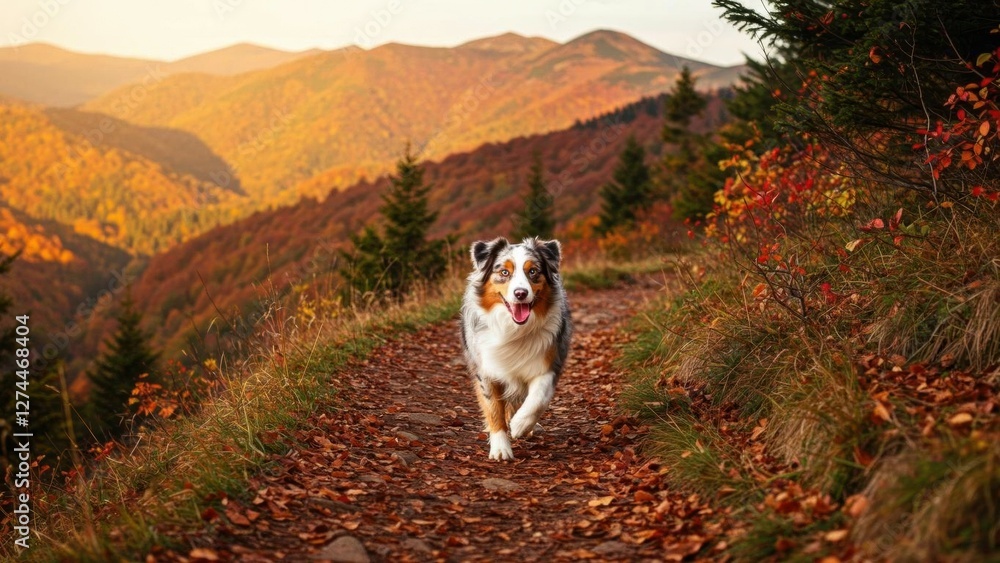 Obraz premium A playful dog runs along a scenic autumn trail in the mountains.