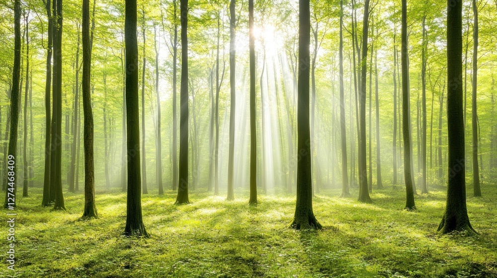 Fototapeta premium Sunbeams Illuminate a Misty Spring Forest Scene