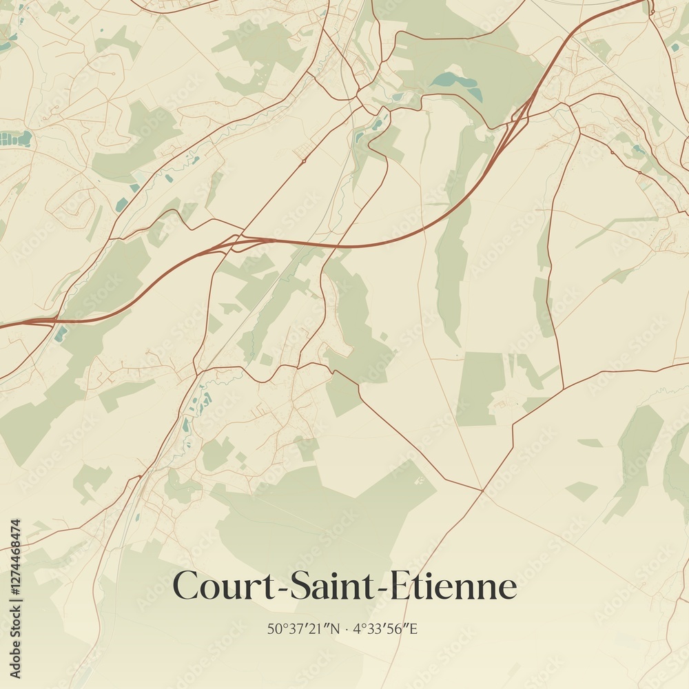 Vintage map of Court-Saint-Etienne, Belgium.