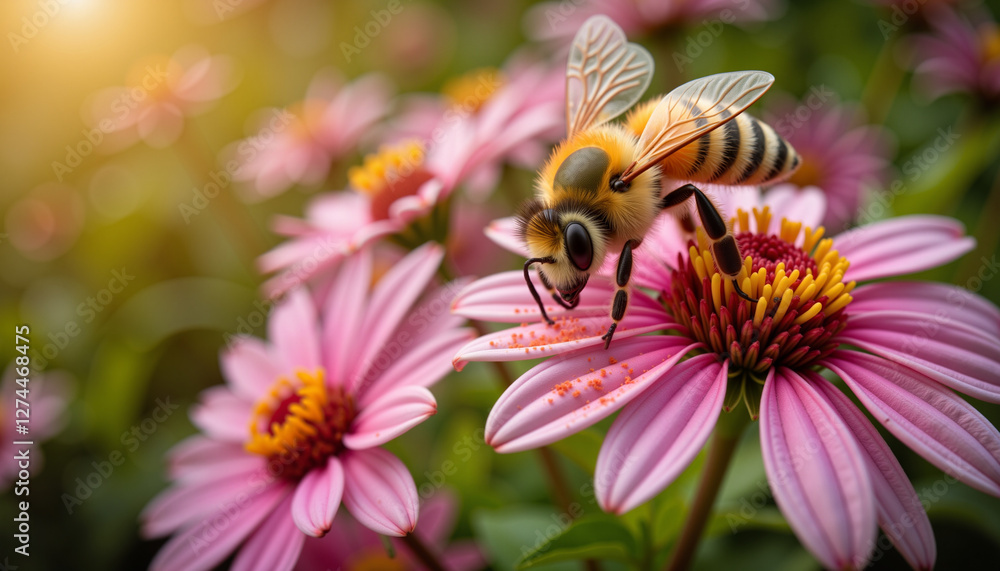 Bee collecting pollen from vibrant flowers in soft morning light, nature's beauty Bee collecting pollen from vibrant flowers in soft morning light, nature's beauty