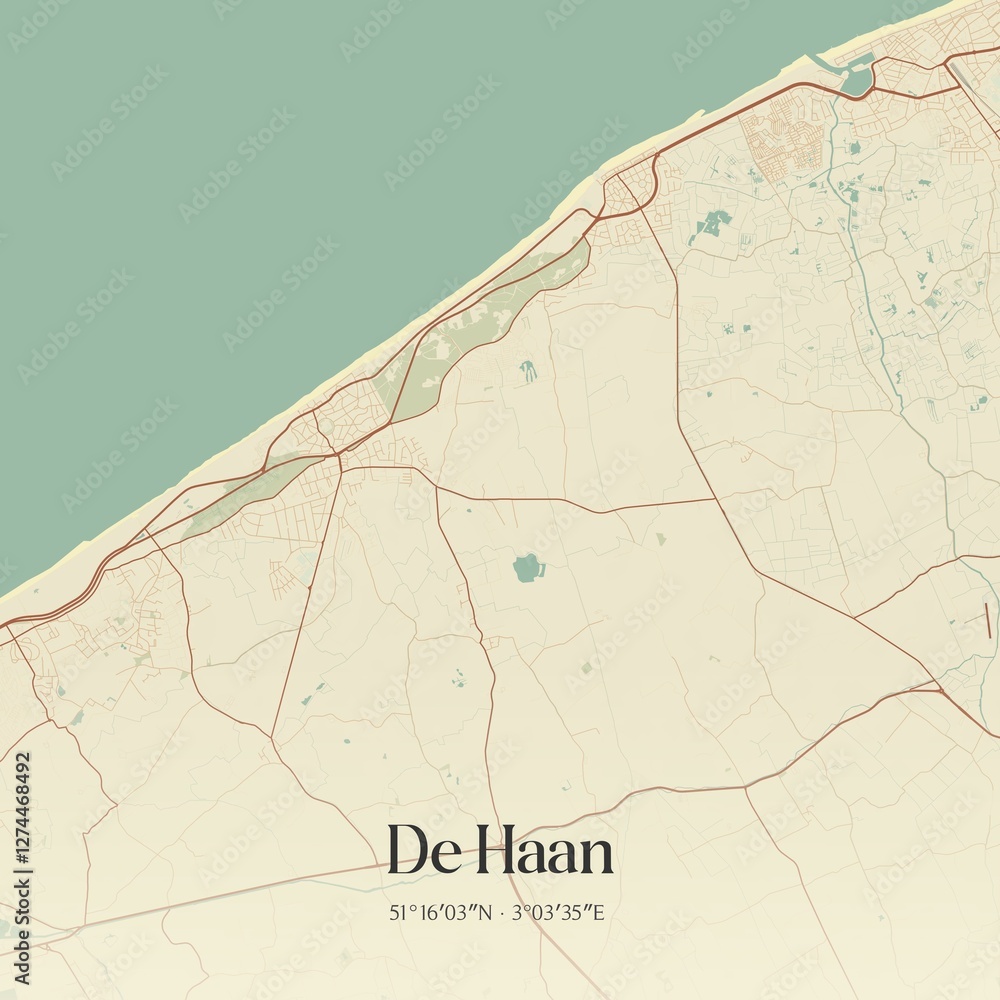 Vintage map of De Haan, Belgium.