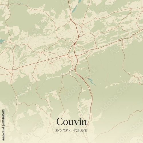 Obraz na płótnie Vintage map of Couvin, Belgium. w salonie