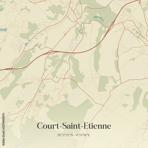 Vintage map of Court-Saint-Etienne, Belgium.
