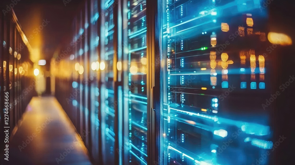 Fototapeta premium Modern data center with illuminated server racks and glowing lights, creating a high-tech atmosphere. Ideal for cybersecurity, cloud computing, and IT infrastructure concepts