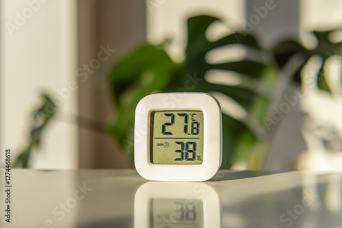 Small digital indoor temperature and humidity meter. Temperature sensor. Growing plants at home