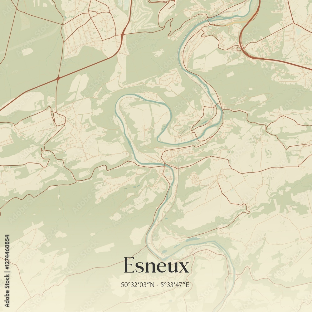 Vintage map of Esneux, Belgium.