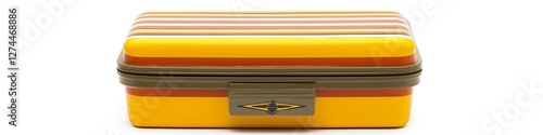 Classic mustard lunch box with bold stripes and vintage logo, front view, white background.