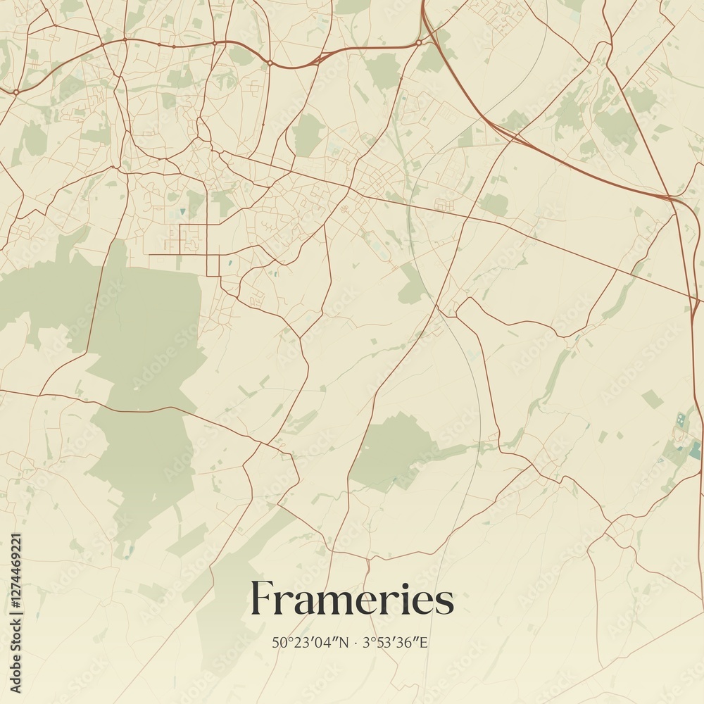 Vintage map of Frameries, Belgium.
