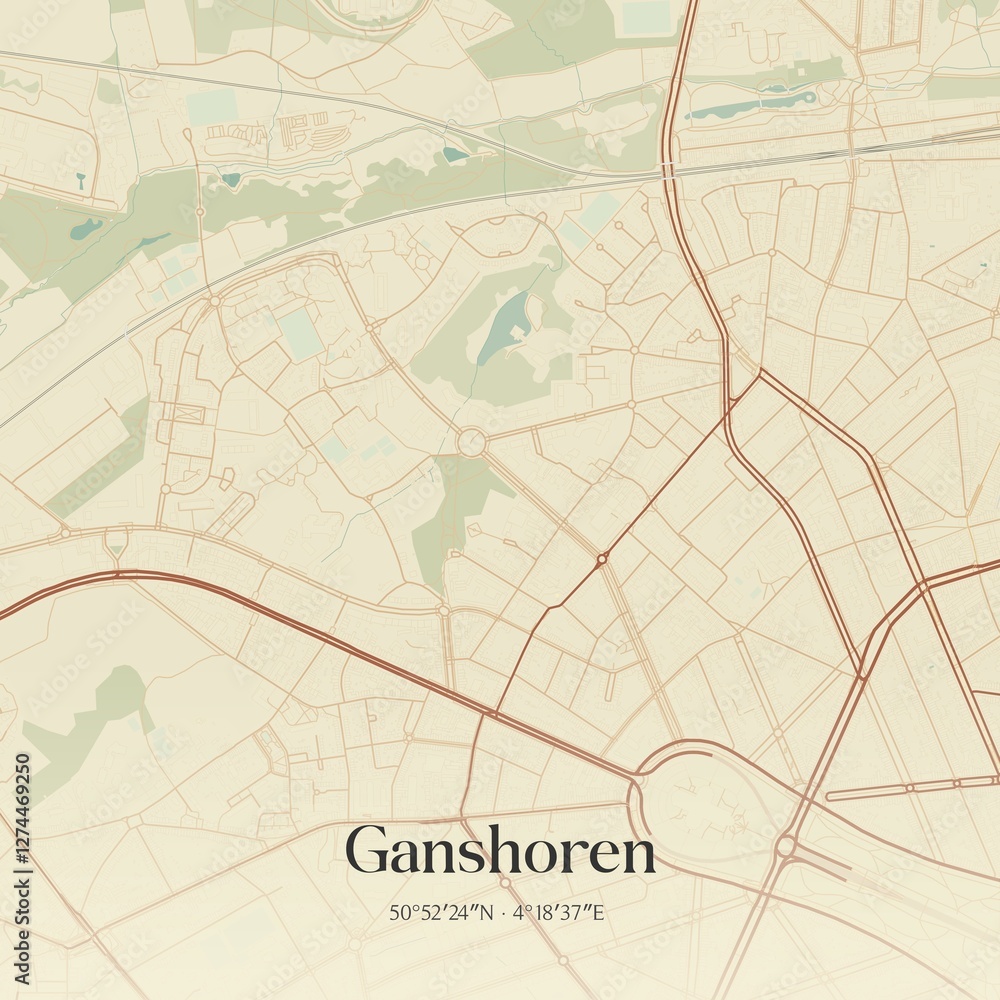 Vintage map of Ganshoren, Belgium.