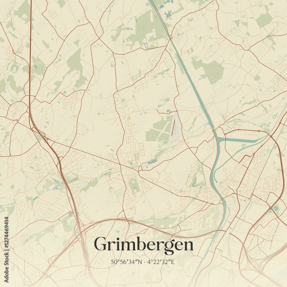 Vintage map of Grimbergen, Belgium.