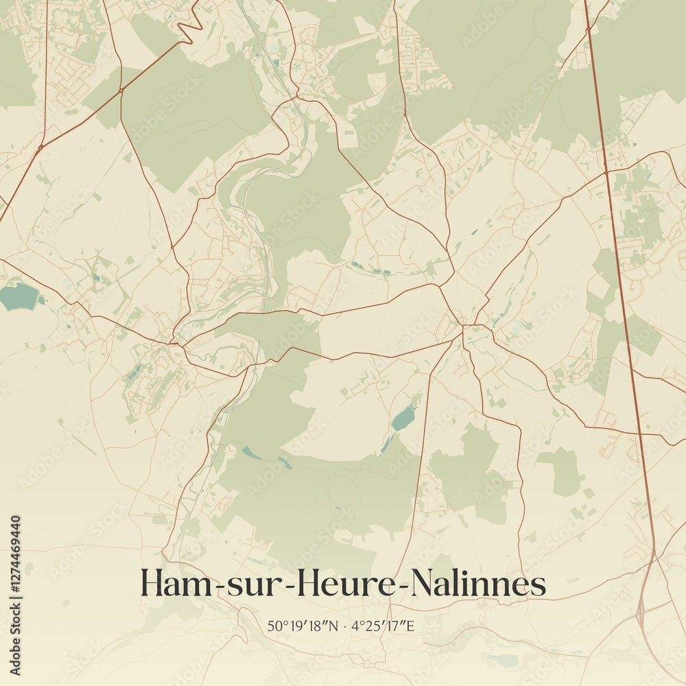 Vintage map of Ham-sur-Heure-Nalinnes, Belgium.