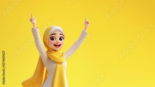3D-Rendering einer animierten Figur mit gelbem Hijab vor gelbem Hintergrund. Fröhlicher Gesichtsausdruck und erhobene Arme in Jubelpose