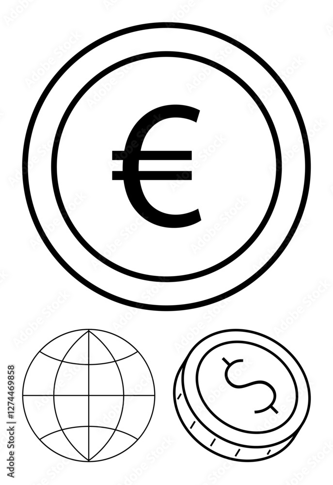 Obraz premium Euro coin symbol centered with world globe and angled dollar coin. Ideal for finance, banking, global trade, currency exchange, monetary policy, international investment, economics. Line metaphor