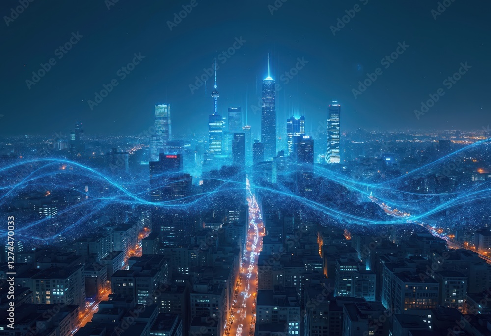 Fototapeta premium Illustration of smart city with big data via digital antennas atop cityscape, merging tech and urban landscape. Night skyline background shows city connection, traffic, science, energy and motion.