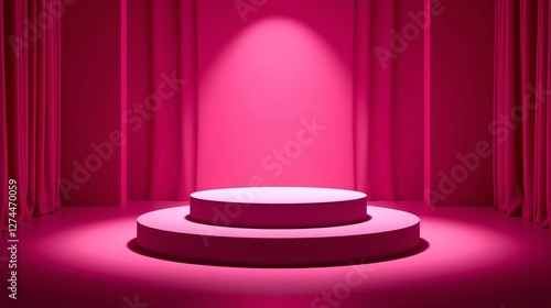 A pristine pink pedestal stands illuminated against a magenta backdrop.