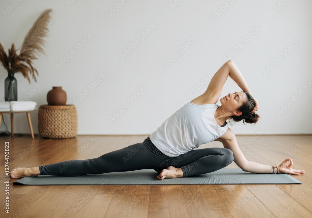 Woman practicing yoga in a serene indoor setting, showcasing flexibility and balance Woman practicing yoga in a serene indoor setting, showcasing flexibility and balance