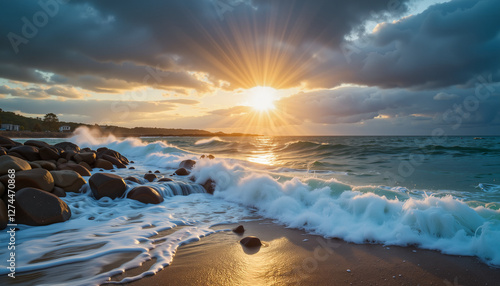 Dramatic sunrise over tempestuous sea with crashing waves, nature's power photo