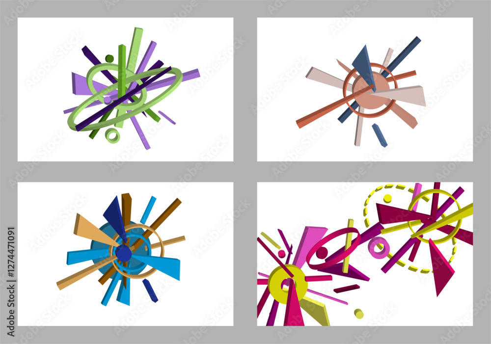 Fototapeta premium Volumetric multi-colored geometric shapes. Abstract geometry. Set of 4 designs. Background or cover design, vector.