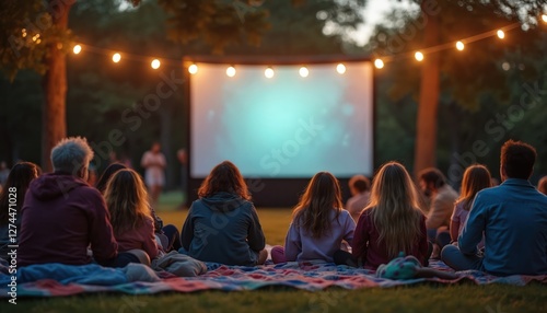 People sit on blanket in park, watch movie on outdoor screen. Summer cinema event at night with friends family. Public entertainment show, open air festival, leisure activity. Blank screen for text