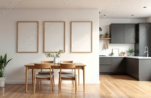 Light kitchen interior with dining table  seats and cooking area. Three mockup frames on wall. Modern furniture  wooden floor  indoor plants  white wall. Design template illustration  render.