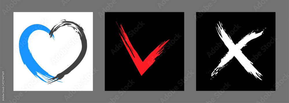 The cross, heart and OK symbol are hand-drawn with a brush. Prohibition, denial, error. Love. Approval, consent. Vector, set of 3 characters The cross, heart and OK symbol are hand-drawn with a brush. Prohibition, denial, error. Love. Approval, consent. Vector, set of 3 characters