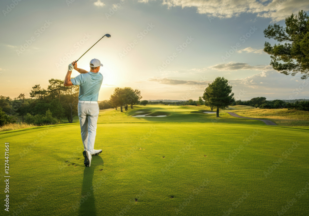 Golfer swinging a club on a beautiful green course at sunset Golfer swinging a club on a beautiful green course at sunset