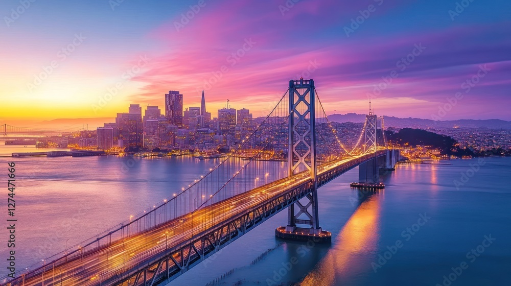 Fototapeta premium San Francisco Bay Bridge at Sunrise: A Cityscape Marvel