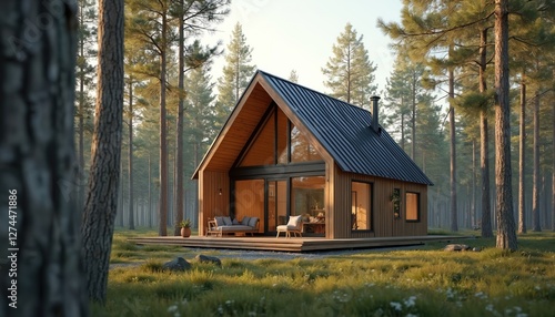 Modern small wooden barnhouse with metal roof in forest. Scandinavian style architecture of facades, exterior design. Minimalist building, country living among spruces, pines. Luxury villa estate,