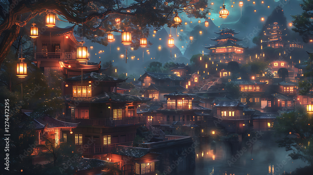 Fototapeta premium Dreamlike fairy-tale village with floating lanterns and glowing rooftops