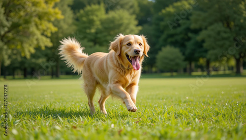golden retriever running in the park, Golden Retriever Dog Running on Grassy Field