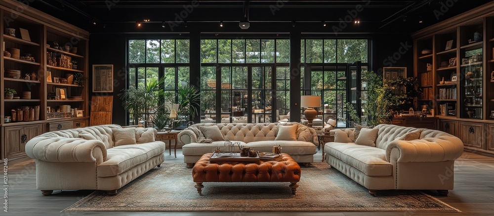 Elegant living room with beige sofas, orange ottoman, wooden bookshelves, and large windows overlooking a garden. Elegant living room with beige sofas, orange ottoman, wooden bookshelves, and large windows overlooking a garden.